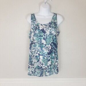 GNW Great Northwest Blue Teal Floral Split Back Sleeveless Tank Blouse Boxy Sm